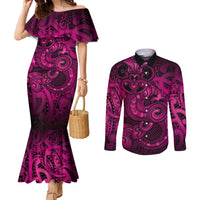 Aotearoa Maori Hei Tiki Couples Matching Mermaid Dress and Long Sleeve Button Shirt Mawhero Kowhaiwhai Puhoro Motif LT9 Pink - Polynesian Pride