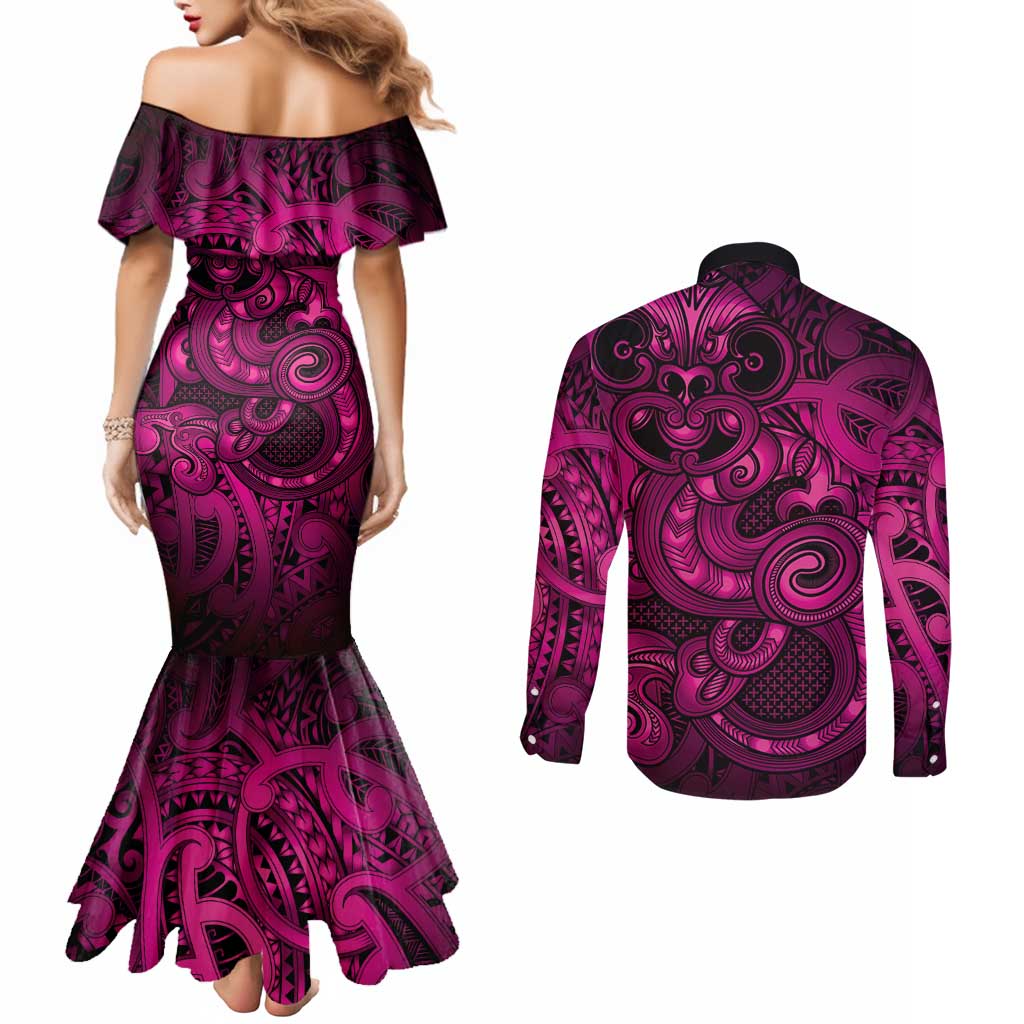 Aotearoa Maori Hei Tiki Couples Matching Mermaid Dress and Long Sleeve Button Shirt Mawhero Kowhaiwhai Puhoro Motif LT9 - Polynesian Pride