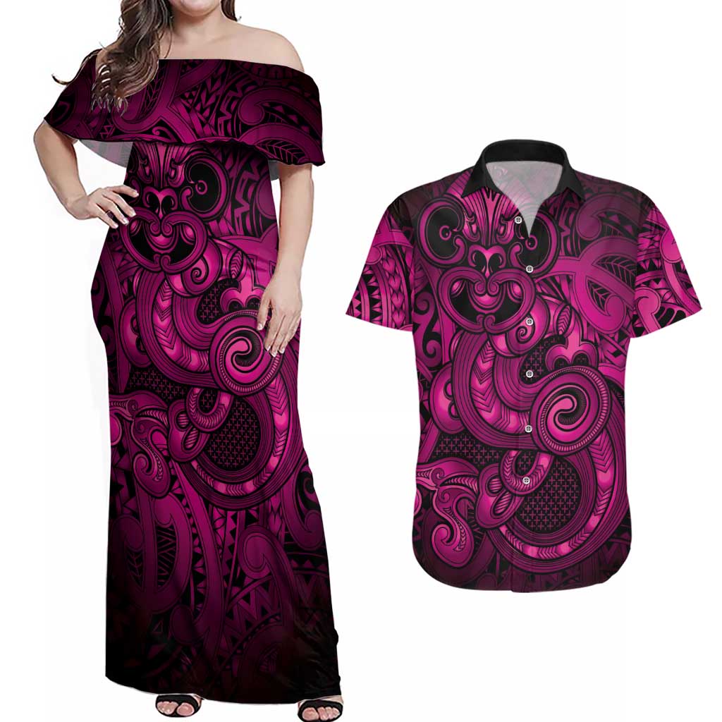 Aotearoa Maori Hei Tiki Couples Matching Off Shoulder Maxi Dress and Hawaiian Shirt Mawhero Kowhaiwhai Puhoro Motif LT9 Pink - Polynesian Pride