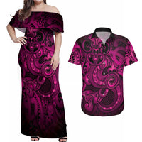 Aotearoa Maori Hei Tiki Couples Matching Off Shoulder Maxi Dress and Hawaiian Shirt Mawhero Kowhaiwhai Puhoro Motif LT9 Pink - Polynesian Pride