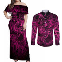 Aotearoa Maori Hei Tiki Couples Matching Off Shoulder Maxi Dress and Long Sleeve Button Shirt Mawhero Kowhaiwhai Puhoro Motif LT9 Pink - Polynesian Pride