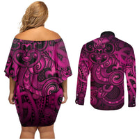 Aotearoa Maori Hei Tiki Couples Matching Off Shoulder Short Dress and Long Sleeve Button Shirt Mawhero Kowhaiwhai Puhoro Motif LT9 - Polynesian Pride