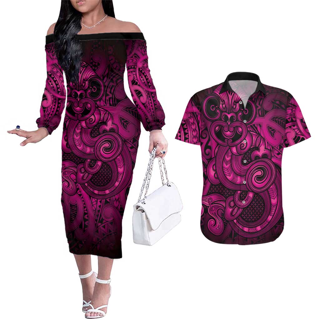 Aotearoa Maori Hei Tiki Couples Matching Off The Shoulder Long Sleeve Dress and Hawaiian Shirt Mawhero Kowhaiwhai Puhoro Motif LT9 Pink - Polynesian Pride