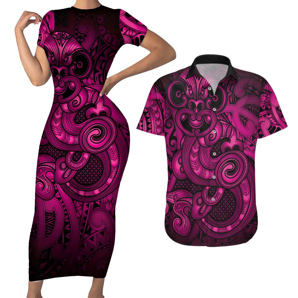 Aotearoa Maori Hei Tiki Couples Matching Short Sleeve Bodycon Dress and Hawaiian Shirt Mawhero Kowhaiwhai Puhoro Motif LT9 Pink - Polynesian Pride