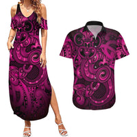 Aotearoa Maori Hei Tiki Couples Matching Summer Maxi Dress and Hawaiian Shirt Mawhero Kowhaiwhai Puhoro Motif LT9 Pink - Polynesian Pride
