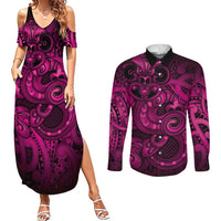Aotearoa Maori Hei Tiki Couples Matching Summer Maxi Dress and Long Sleeve Button Shirt Mawhero Kowhaiwhai Puhoro Motif LT9 Pink - Polynesian Pride