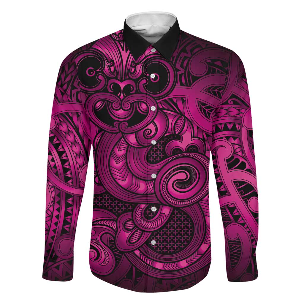 Aotearoa Maori Hei Tiki Family Matching Off Shoulder Maxi Dress and Hawaiian Shirt Mawhero Kowhaiwhai Puhoro Motif LT9 Dad's Shirt - Long Sleeve Pink - Polynesian Pride