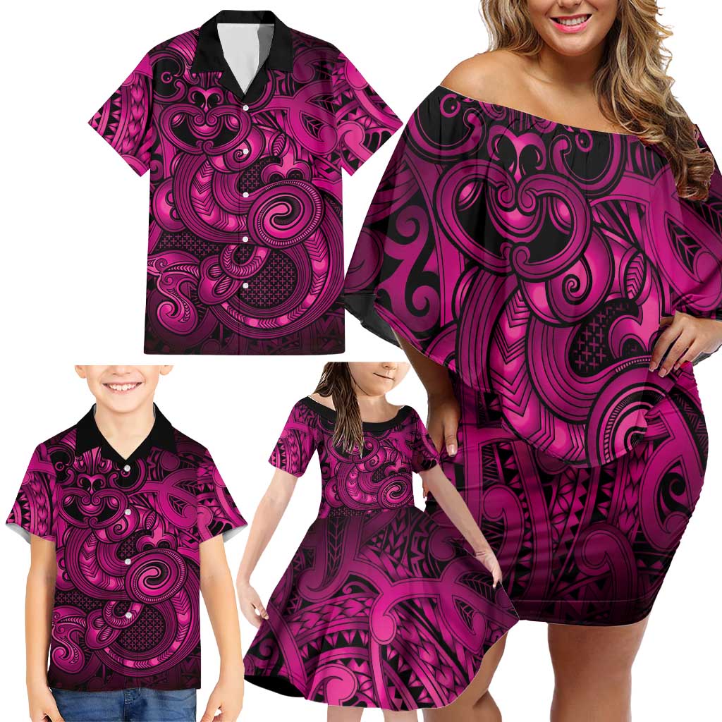 Aotearoa Maori Hei Tiki Family Matching Off Shoulder Short Dress and Hawaiian Shirt Mawhero Kowhaiwhai Puhoro Motif LT9 - Polynesian Pride