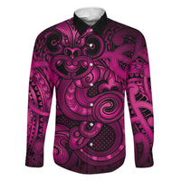 Aotearoa Maori Hei Tiki Family Matching Off Shoulder Short Dress and Hawaiian Shirt Mawhero Kowhaiwhai Puhoro Motif LT9 Dad's Shirt - Long Sleeve Pink - Polynesian Pride