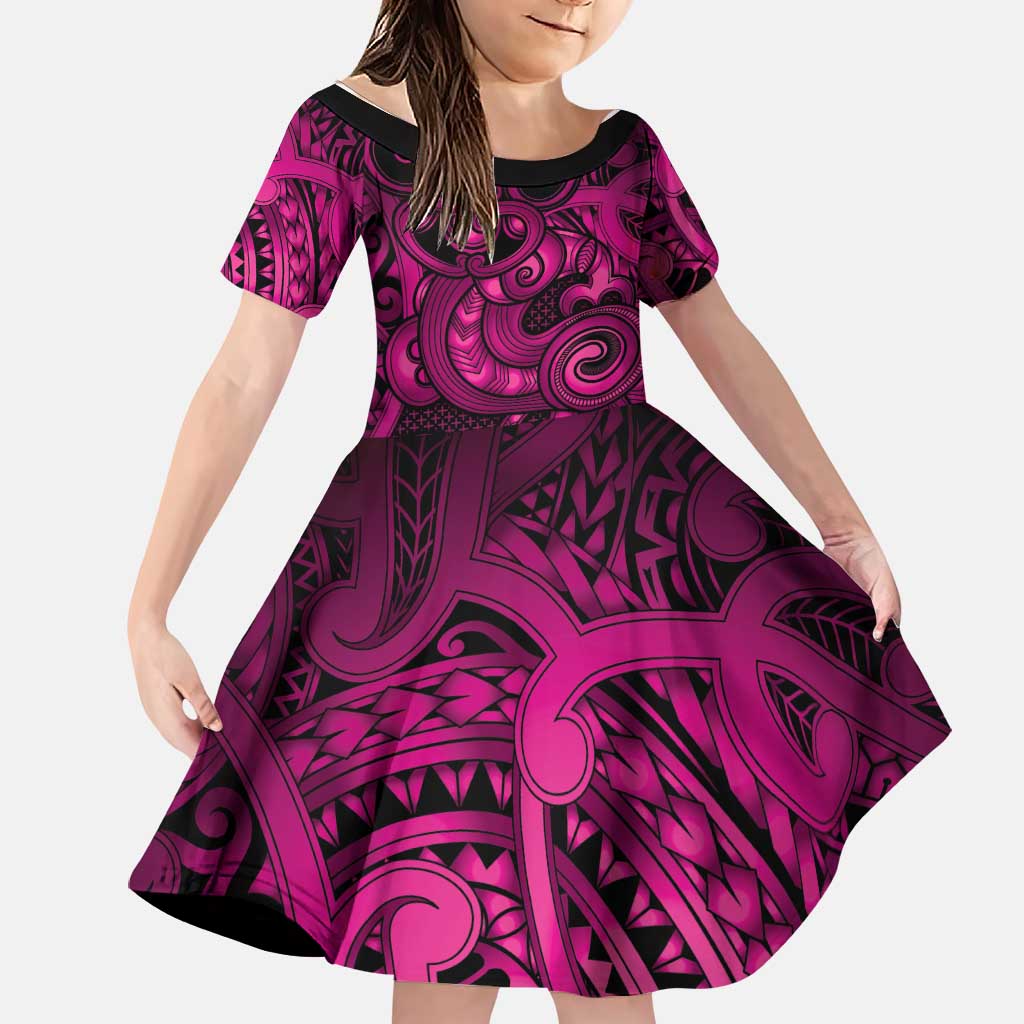 Aotearoa Maori Hei Tiki Family Matching Puletasi and Hawaiian Shirt Mawhero Kowhaiwhai Puhoro Motif LT9 Daughter's Dress Pink - Polynesian Pride