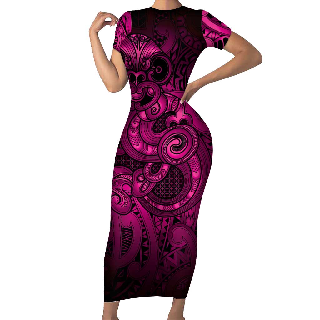 Aotearoa Maori Hei Tiki Family Matching Short Sleeve Bodycon Dress and Hawaiian Shirt Mawhero Kowhaiwhai Puhoro Motif LT9 Mom's Dress Pink - Polynesian Pride