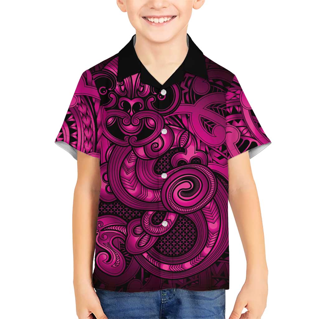Aotearoa Maori Hei Tiki Family Matching Summer Maxi Dress and Hawaiian Shirt Mawhero Kowhaiwhai Puhoro Motif LT9 Son's Shirt Pink - Polynesian Pride