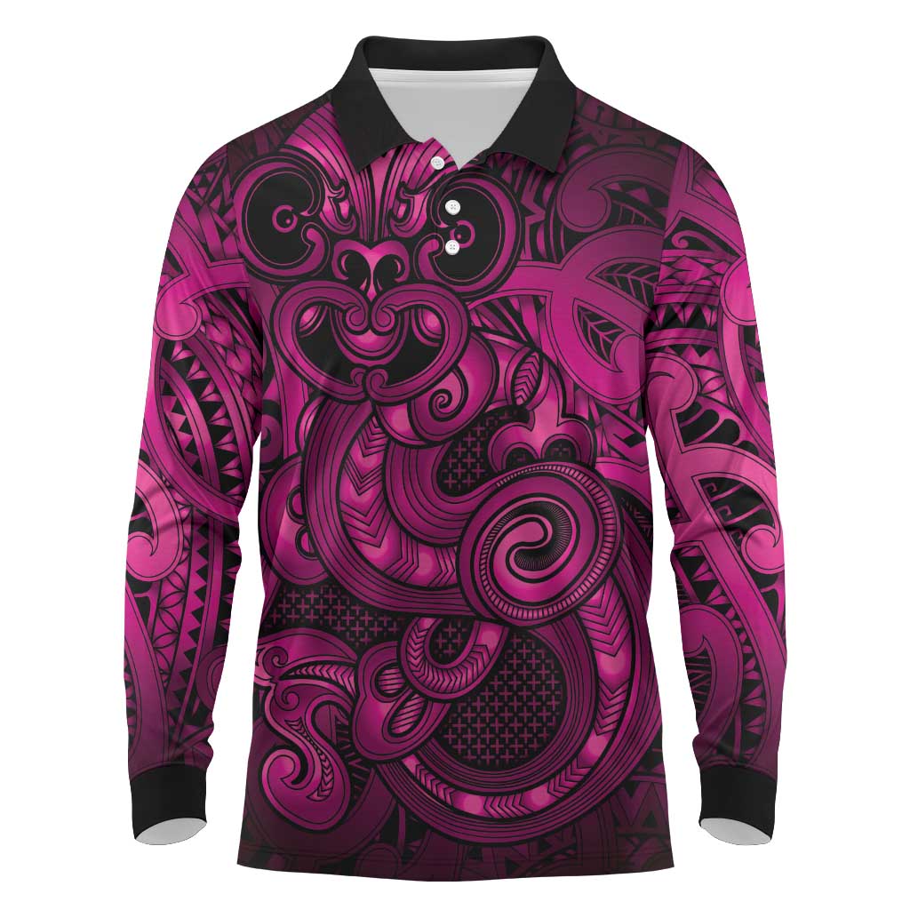 Aotearoa Maori Hei Tiki Long Sleeve Polo Shirt Mawhero Kowhaiwhai Puhoro Motif LT9 Pink - Polynesian Pride