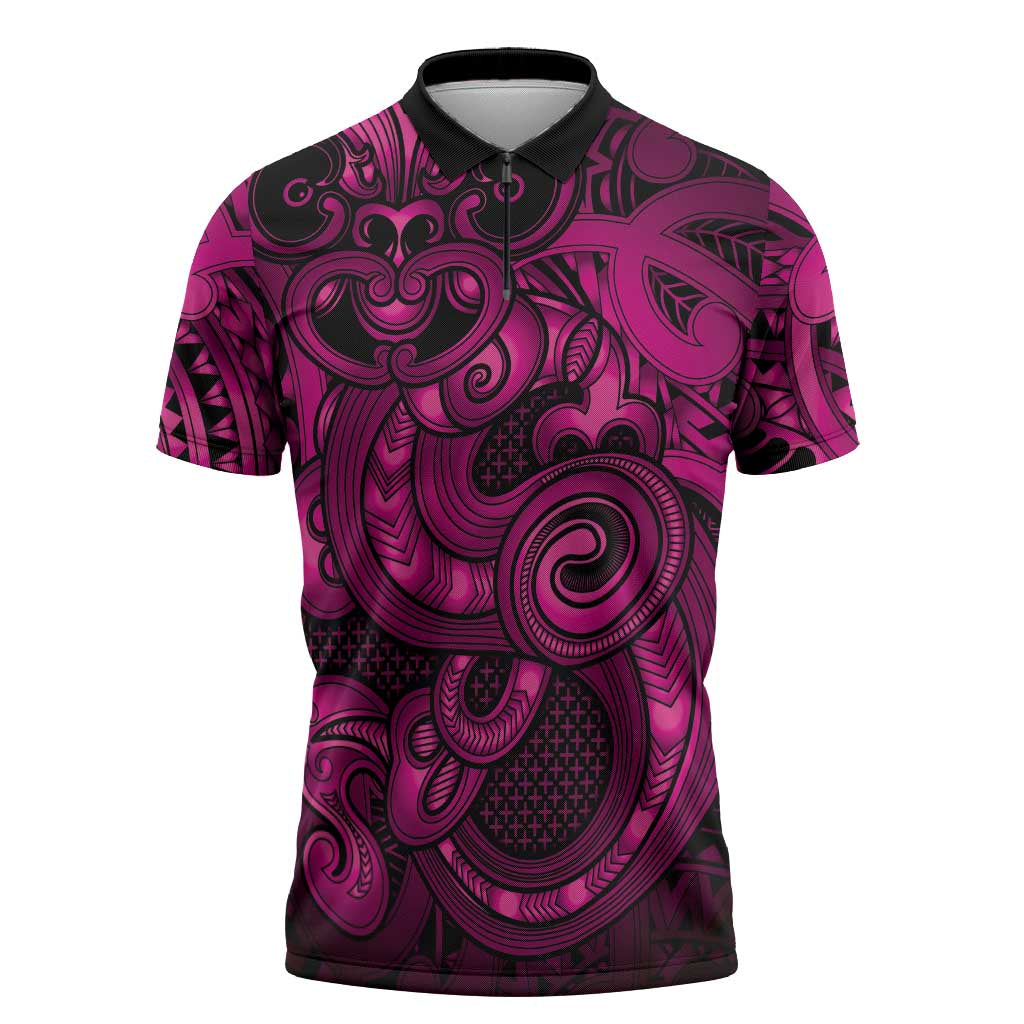 Aotearoa Maori Hei Tiki Zipper Polo Shirt Mawhero Kowhaiwhai Puhoro Motif LT9 Pink - Polynesian Pride