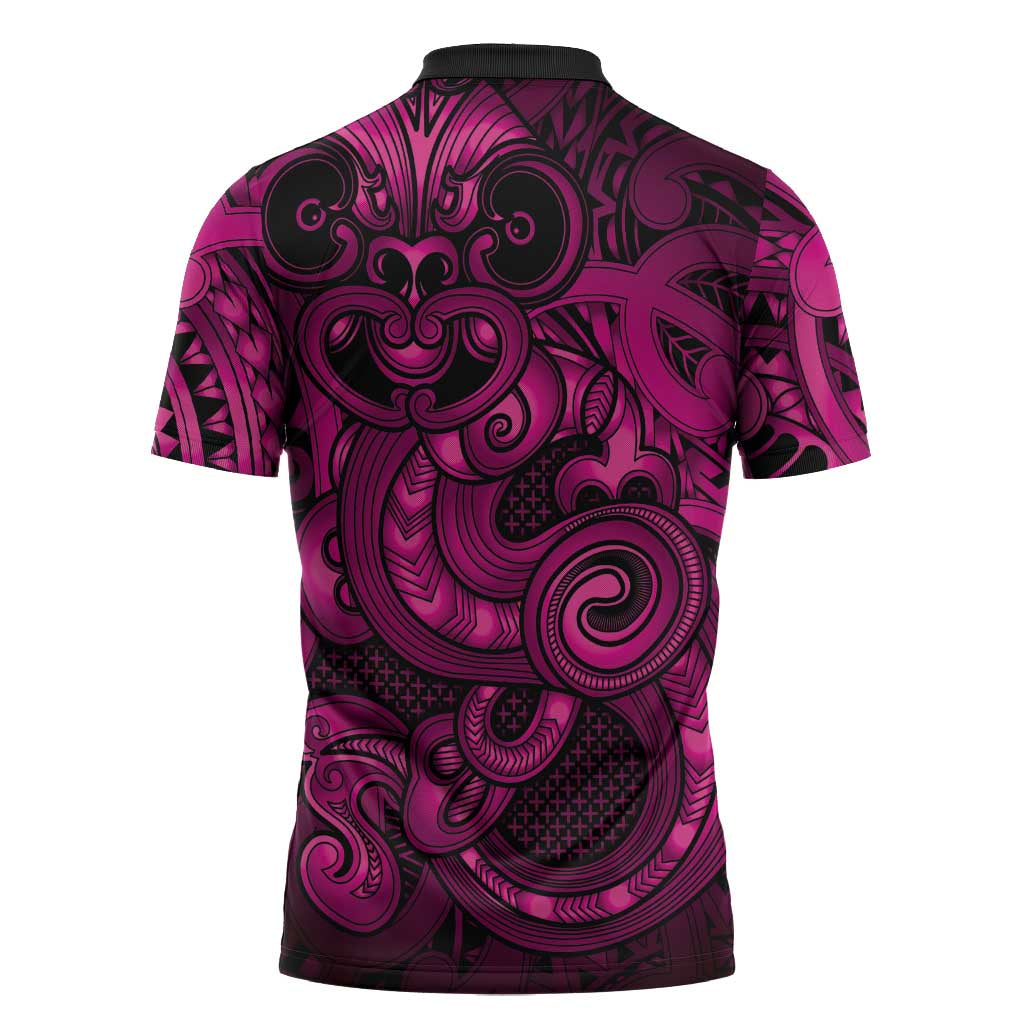 Aotearoa Maori Hei Tiki Zipper Polo Shirt Mawhero Kowhaiwhai Puhoro Motif LT9 - Polynesian Pride