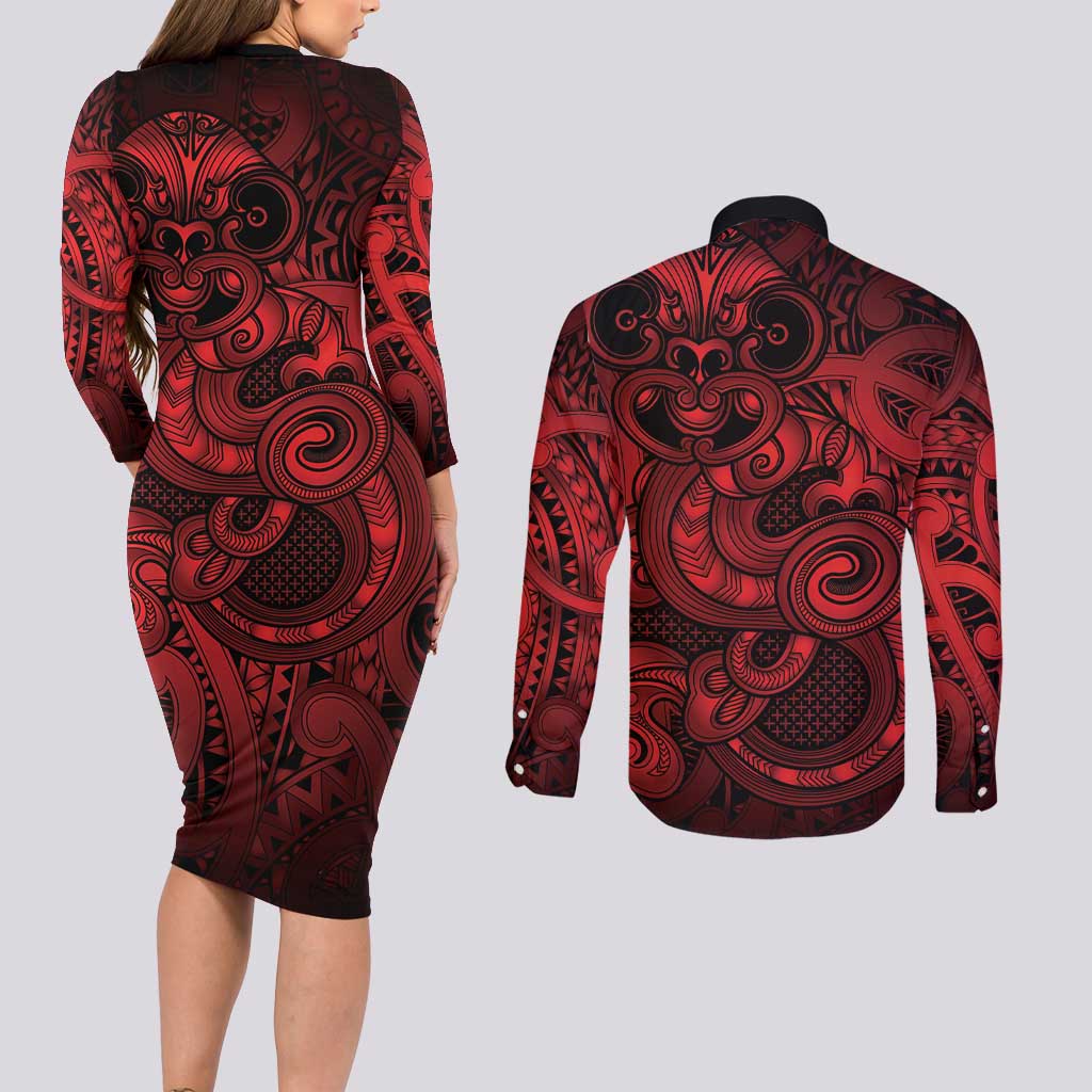 Aotearoa Maori Hei Tiki Couples Matching Long Sleeve Bodycon Dress and Long Sleeve Button Shirt Whero Kowhaiwhai Puhoro Motif LT9 - Polynesian Pride