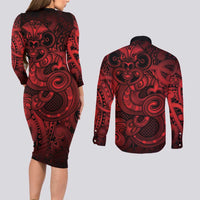 Aotearoa Maori Hei Tiki Couples Matching Long Sleeve Bodycon Dress and Long Sleeve Button Shirt Whero Kowhaiwhai Puhoro Motif LT9 - Polynesian Pride