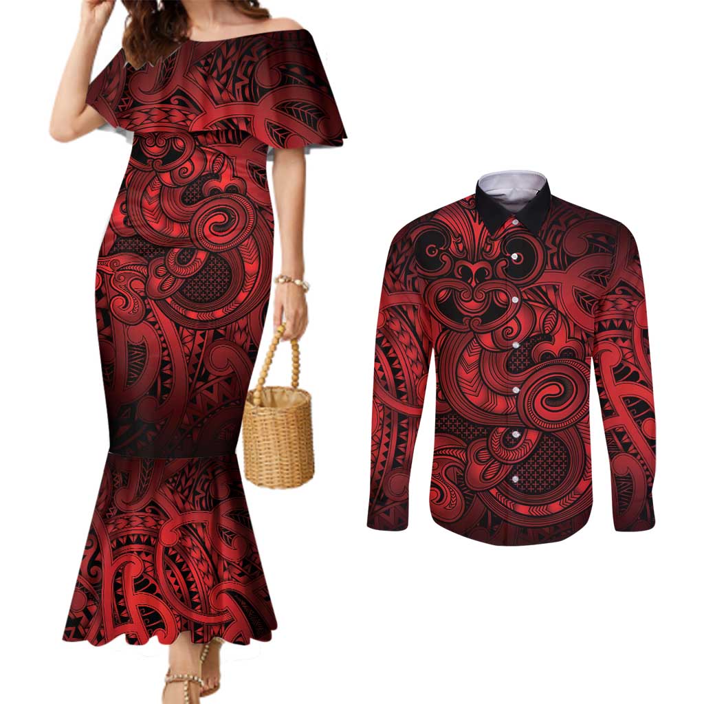 Aotearoa Maori Hei Tiki Couples Matching Mermaid Dress and Long Sleeve Button Shirt Whero Kowhaiwhai Puhoro Motif LT9 Red - Polynesian Pride