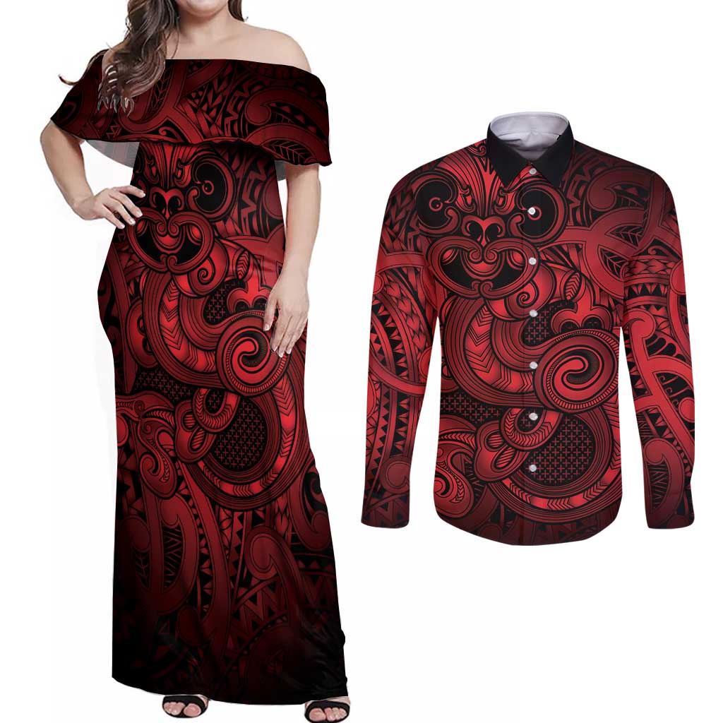 Aotearoa Maori Hei Tiki Couples Matching Off Shoulder Maxi Dress and Long Sleeve Button Shirt Whero Kowhaiwhai Puhoro Motif LT9 Red - Polynesian Pride