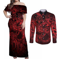 Aotearoa Maori Hei Tiki Couples Matching Off Shoulder Maxi Dress and Long Sleeve Button Shirt Whero Kowhaiwhai Puhoro Motif LT9 Red - Polynesian Pride
