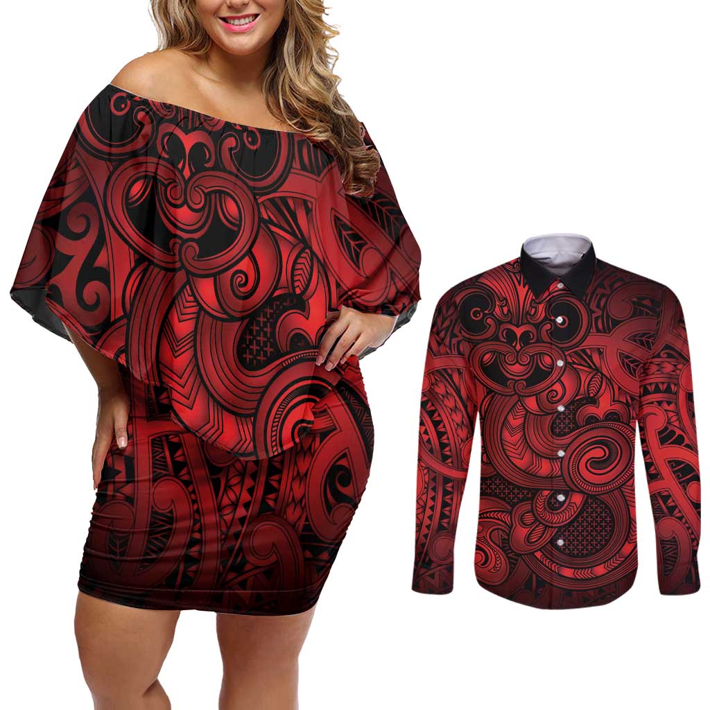 Aotearoa Maori Hei Tiki Couples Matching Off Shoulder Short Dress and Long Sleeve Button Shirt Whero Kowhaiwhai Puhoro Motif