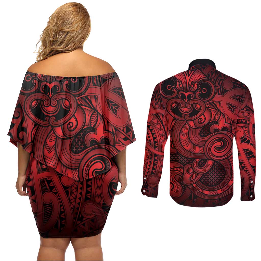 Aotearoa Maori Hei Tiki Couples Matching Off Shoulder Short Dress and Long Sleeve Button Shirt Whero Kowhaiwhai Puhoro Motif LT9 - Polynesian Pride