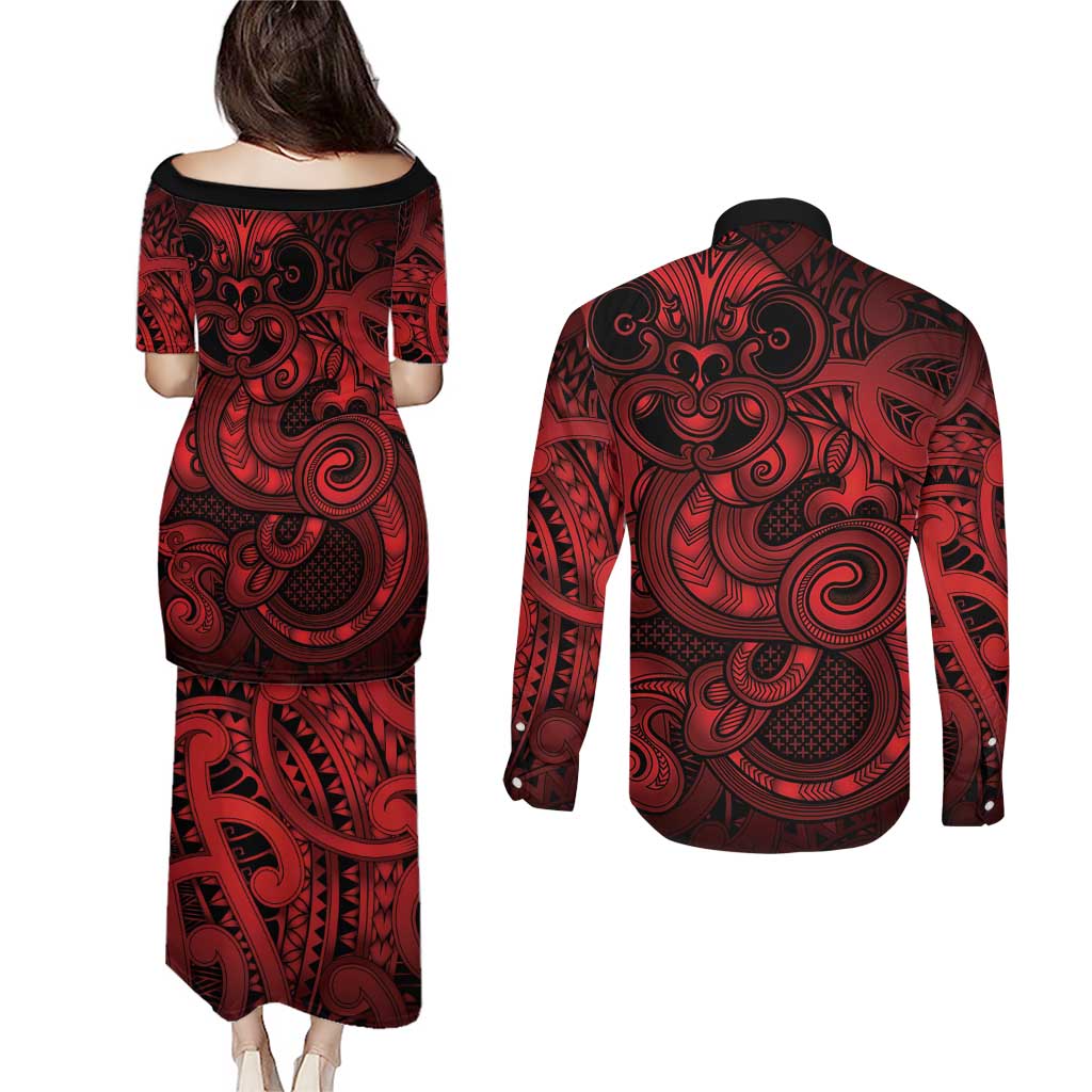 Aotearoa Maori Hei Tiki Couples Matching Puletasi and Long Sleeve Button Shirt Whero Kowhaiwhai Puhoro Motif LT9 - Polynesian Pride