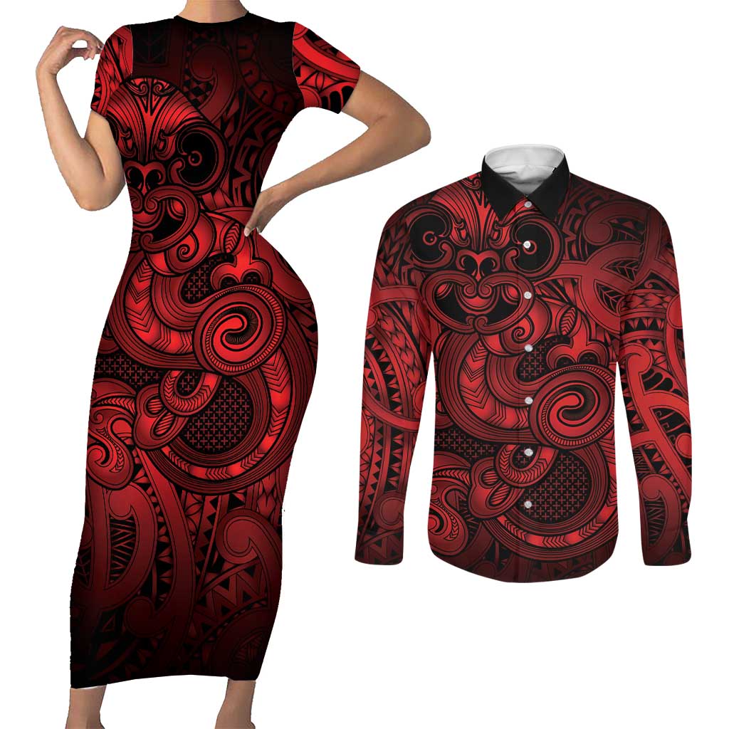 Aotearoa Maori Hei Tiki Couples Matching Short Sleeve Bodycon Dress and Long Sleeve Button Shirt Whero Kowhaiwhai Puhoro Motif LT9 Red - Polynesian Pride