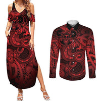 Aotearoa Maori Hei Tiki Couples Matching Summer Maxi Dress and Long Sleeve Button Shirt Whero Kowhaiwhai Puhoro Motif LT9 Red - Polynesian Pride