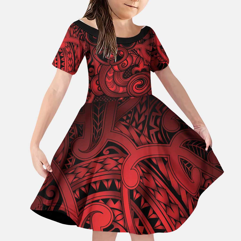 Aotearoa Maori Hei Tiki Family Matching Mermaid Dress and Hawaiian Shirt Whero Kowhaiwhai Puhoro Motif LT9 Daughter's Dress Red - Polynesian Pride
