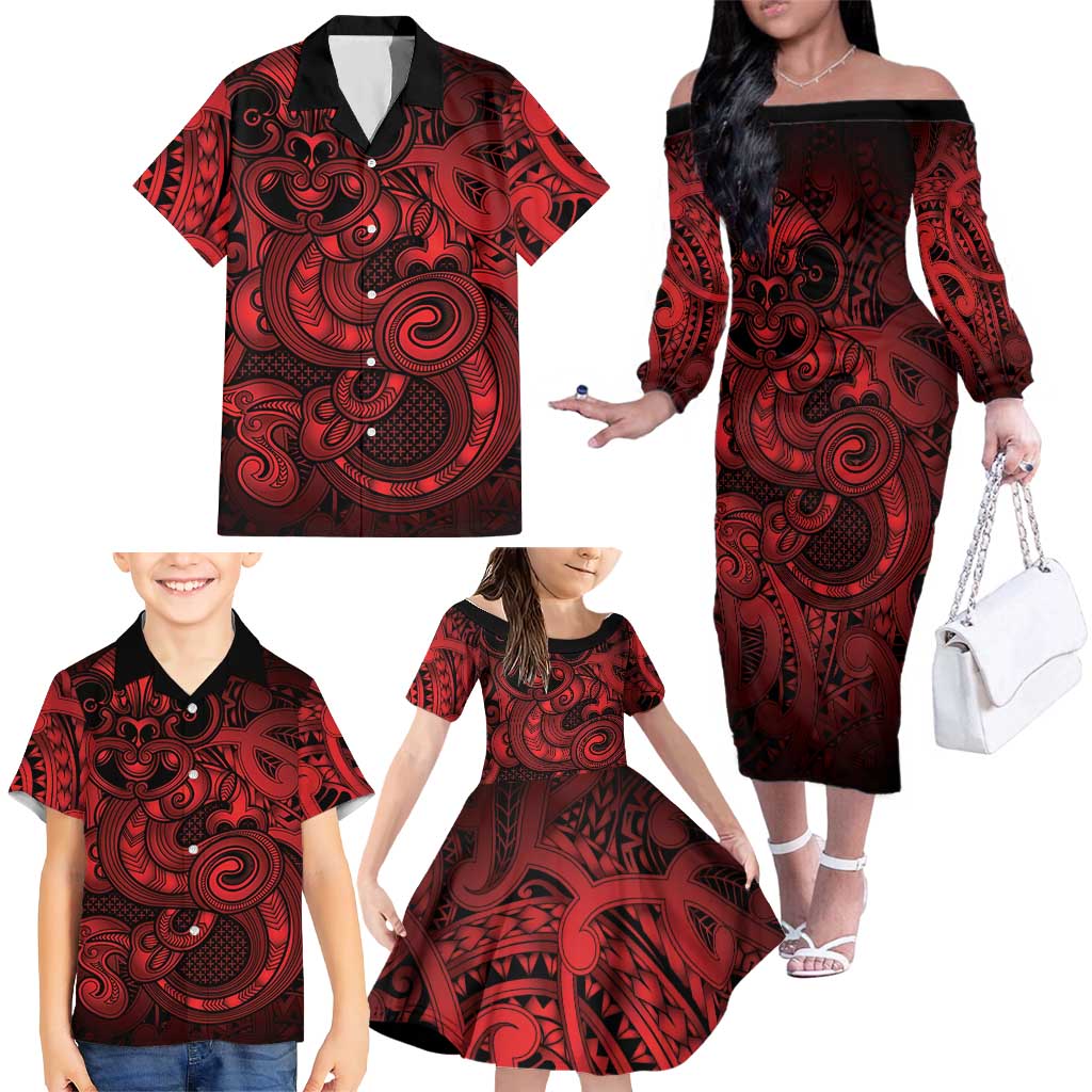 Aotearoa Maori Hei Tiki Family Matching Off The Shoulder Long Sleeve Dress and Hawaiian Shirt Whero Kowhaiwhai Puhoro Motif