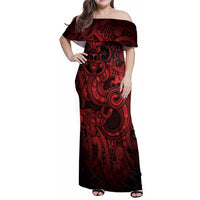 Aotearoa Maori Hei Tiki Family Matching Off Shoulder Maxi Dress and Hawaiian Shirt Whero Kowhaiwhai Puhoro Motif LT9 Mom's Dress Red - Polynesian Pride