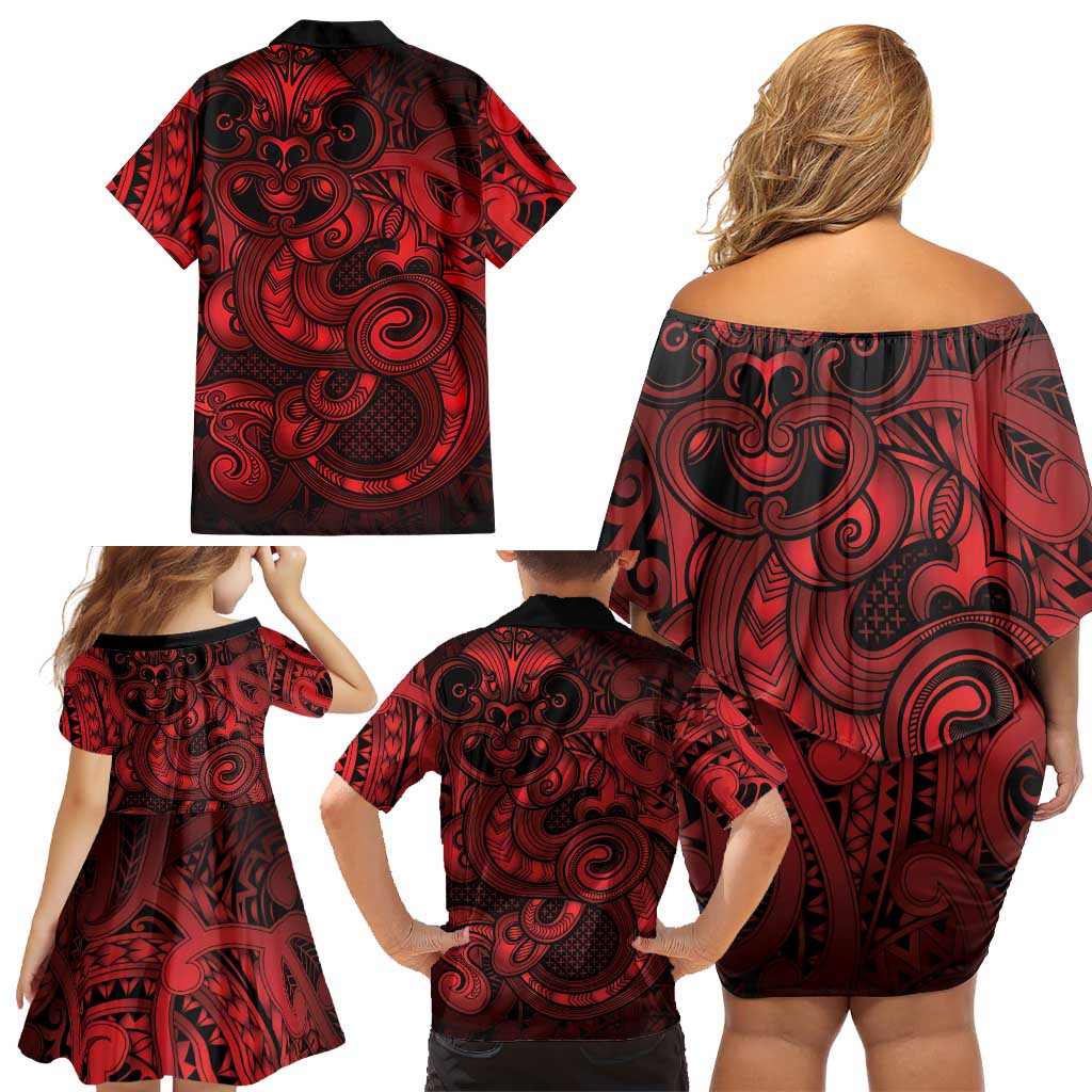 Aotearoa Maori Hei Tiki Family Matching Off Shoulder Short Dress and Hawaiian Shirt Whero Kowhaiwhai Puhoro Motif LT9 - Polynesian Pride