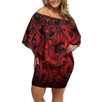 Aotearoa Maori Hei Tiki Family Matching Off Shoulder Short Dress and Hawaiian Shirt Whero Kowhaiwhai Puhoro Motif LT9 Mom's Dress Red - Polynesian Pride