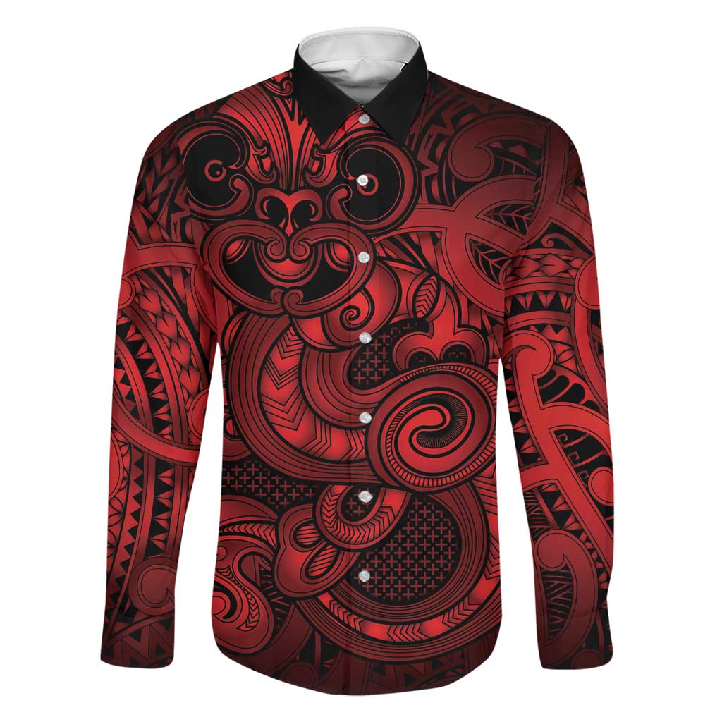 Aotearoa Maori Hei Tiki Family Matching Puletasi and Hawaiian Shirt Whero Kowhaiwhai Puhoro Motif LT9 Dad's Shirt - Long Sleeve Red - Polynesian Pride