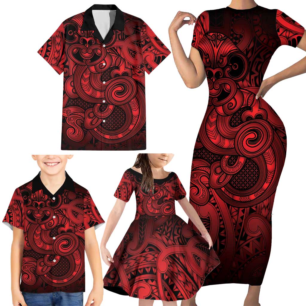 Aotearoa Maori Hei Tiki Family Matching Short Sleeve Bodycon Dress and Hawaiian Shirt Whero Kowhaiwhai Puhoro Motif