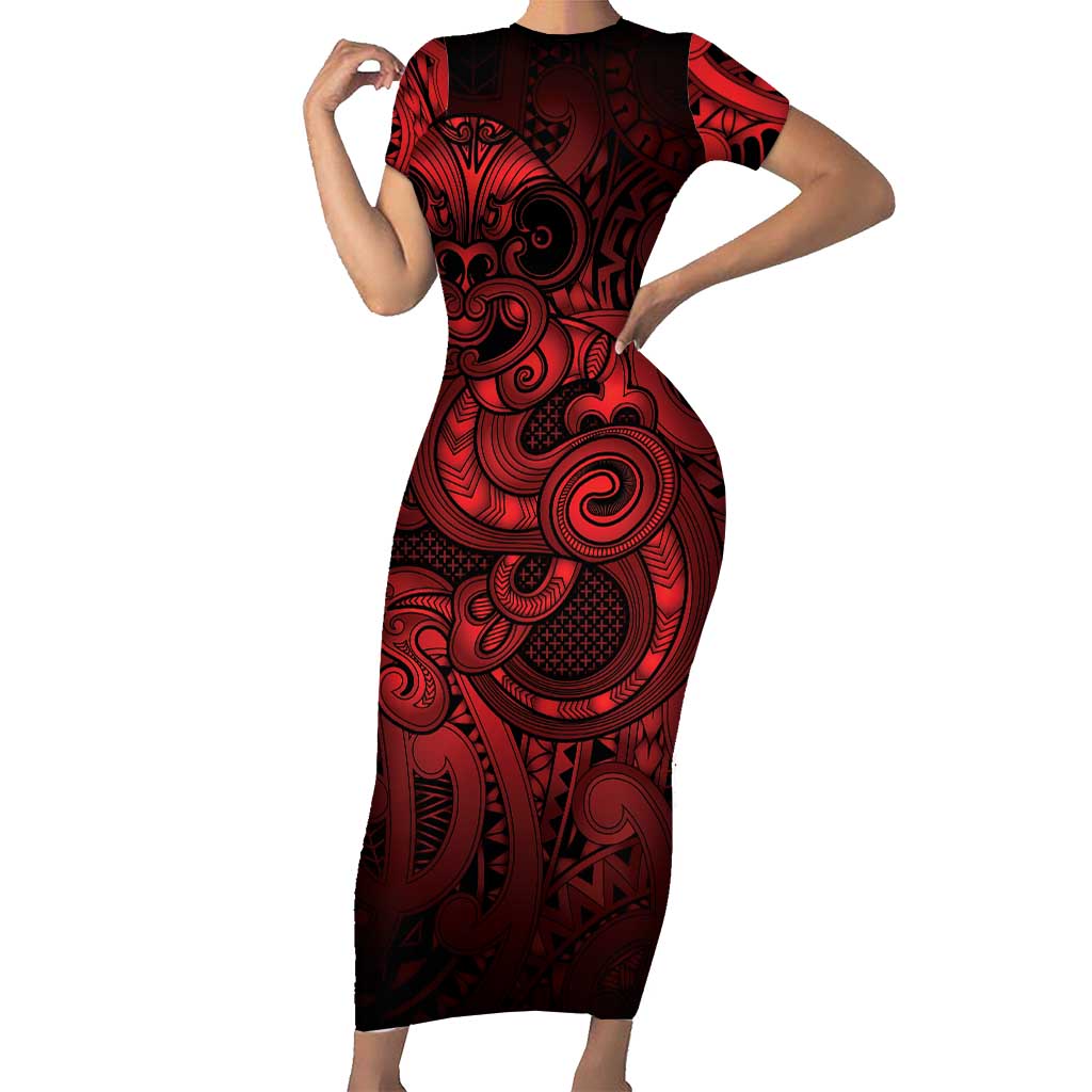 Aotearoa Maori Hei Tiki Family Matching Short Sleeve Bodycon Dress and Hawaiian Shirt Whero Kowhaiwhai Puhoro Motif LT9 Mom's Dress Red - Polynesian Pride