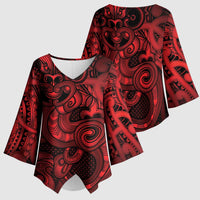 Aotearoa Maori Hei Tiki Kimono Sleeve Blouse Whero Kowhaiwhai Puhoro Motif