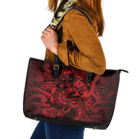 Aotearoa Maori Hei Tiki Leather Tote Bag Whero Kowhaiwhai Puhoro Motif