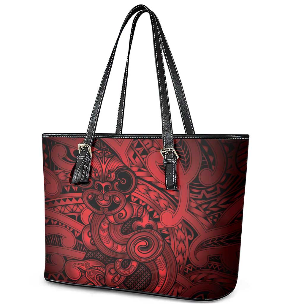 Aotearoa Maori Hei Tiki Leather Tote Bag Whero Kowhaiwhai Puhoro Motif