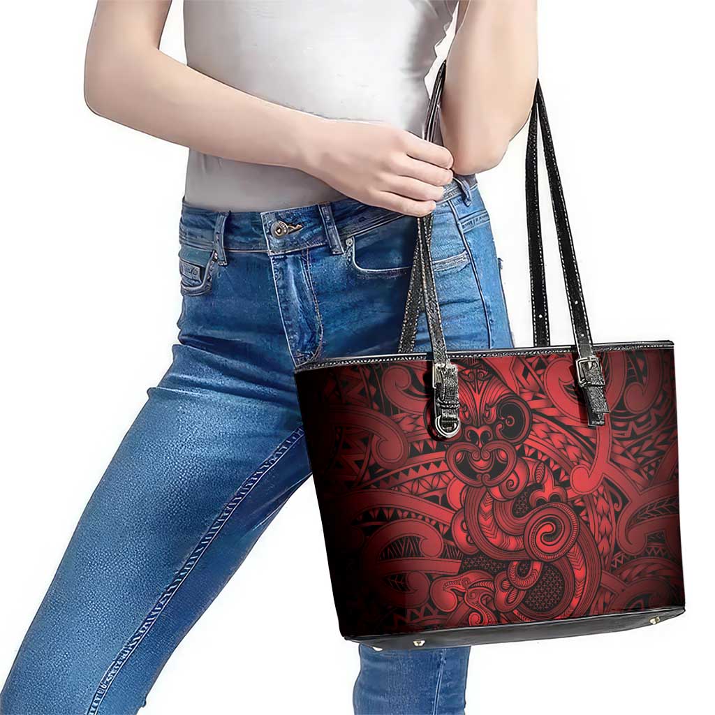Aotearoa Maori Hei Tiki Leather Tote Bag Whero Kowhaiwhai Puhoro Motif