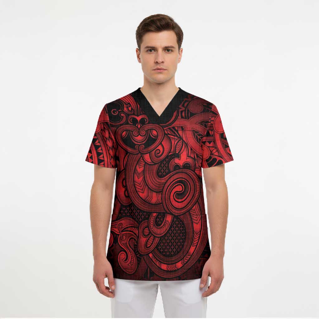 Aotearoa Maori Hei Tiki Scrub Top Whero Kowhaiwhai Puhoro Motif