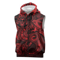 Aotearoa Maori Hei Tiki Sleeveless Zip Hoodie Whero Kowhaiwhai Puhoro Motif LT9 Red - Polynesian Pride
