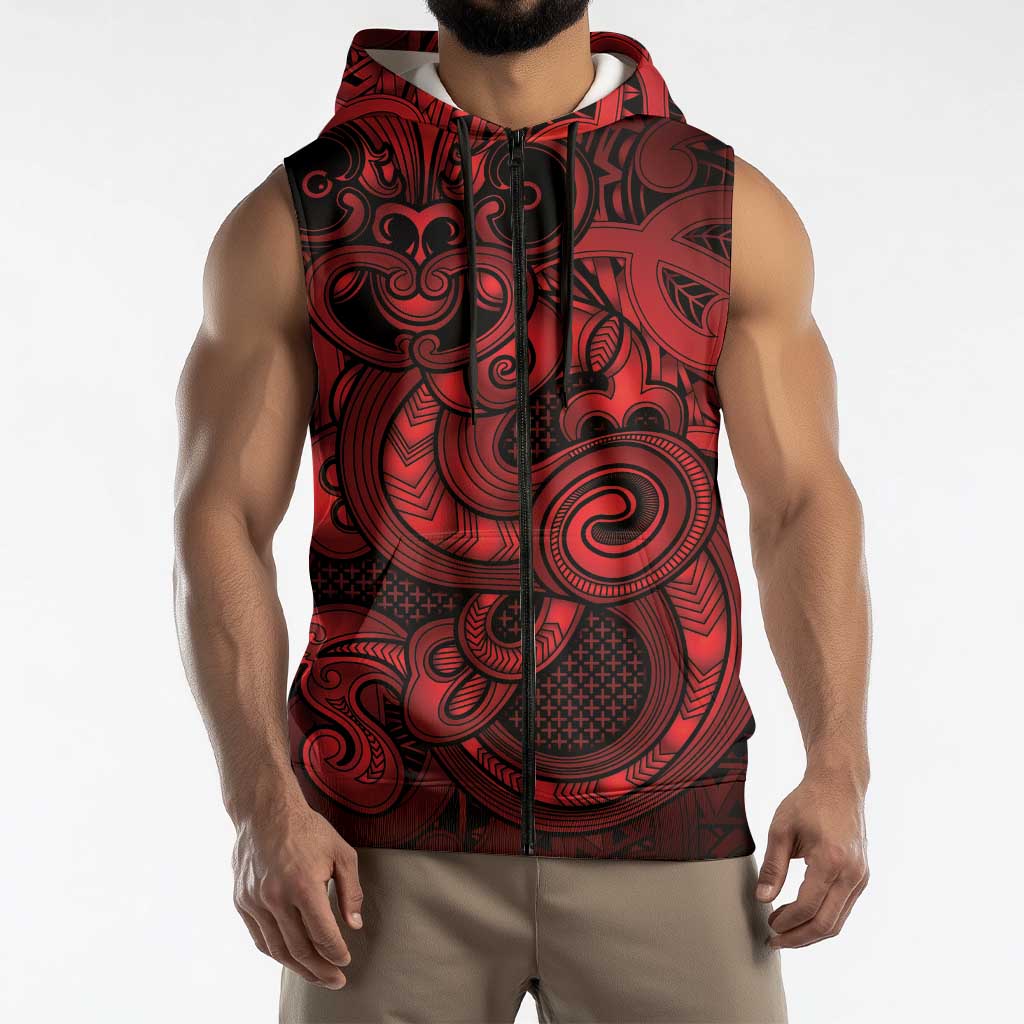 Aotearoa Maori Hei Tiki Sleeveless Zip Hoodie Whero Kowhaiwhai Puhoro Motif LT9 - Polynesian Pride