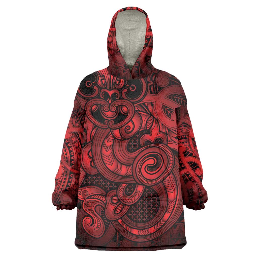 Aotearoa Maori Hei Tiki Wearable Blanket Hoodie Whero Kowhaiwhai Puhoro Motif LT9 One Size Red - Polynesian Pride