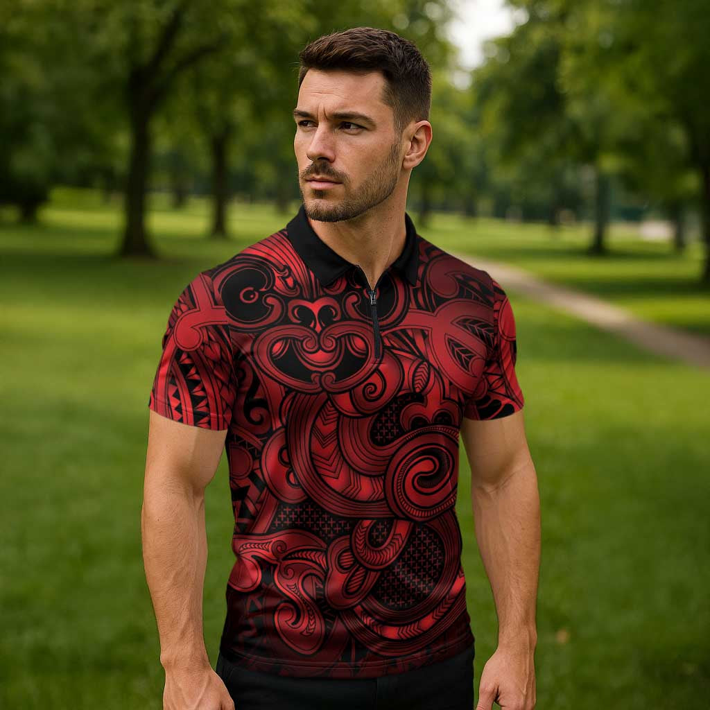 Aotearoa Maori Hei Tiki Zipper Polo Shirt Whero Kowhaiwhai Puhoro Motif LT9 - Polynesian Pride