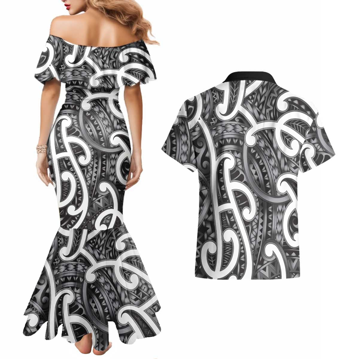 Aotearoa Maori Kowhaiwhai Couples Matching Mermaid Dress and Hawaiian Shirt Kiwikiwi Puhoro and Patiki LT9 - Polynesian Pride