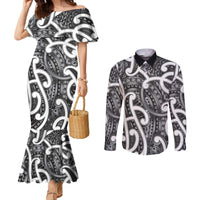 Aotearoa Maori Kowhaiwhai Couples Matching Mermaid Dress and Long Sleeve Button Shirt Kiwikiwi Puhoro and Patiki LT9 Grey - Polynesian Pride