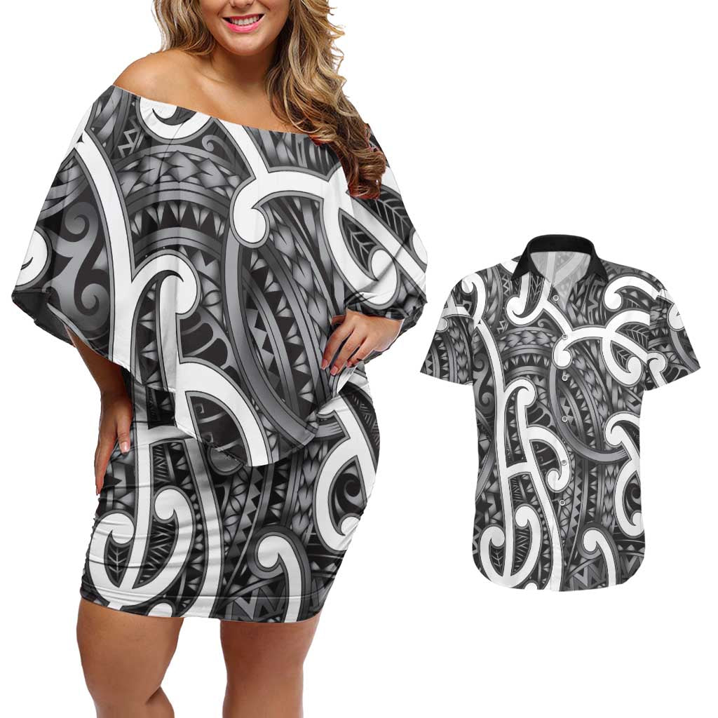 Aotearoa Maori Kowhaiwhai Couples Matching Off Shoulder Short Dress and Hawaiian Shirt Kiwikiwi Puhoro and Patiki LT9 Grey - Polynesian Pride