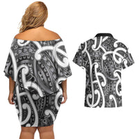 Aotearoa Maori Kowhaiwhai Couples Matching Off Shoulder Short Dress and Hawaiian Shirt Kiwikiwi Puhoro and Patiki LT9 - Polynesian Pride